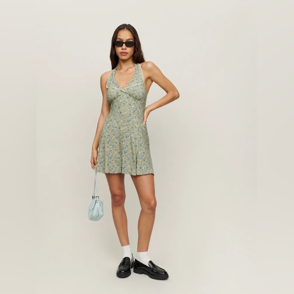 Reformation Makenna Halter Mini Dress Green and Blue Floral Print Size 6